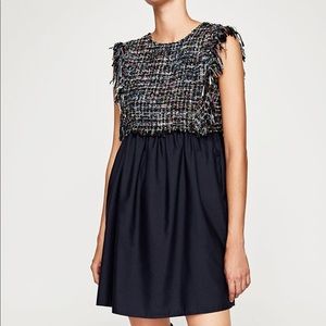 Zara dark blue fringed sleeve tweed dress